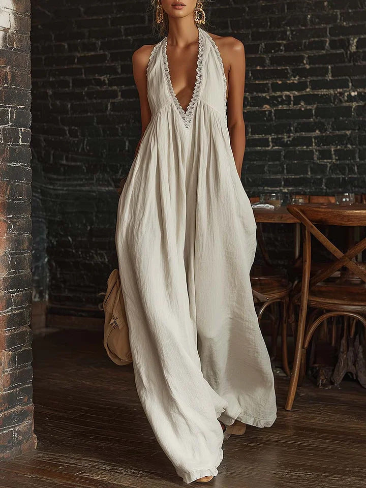 Casual And Comfortable Lace-trimmed Loose Linen Jumpsuit