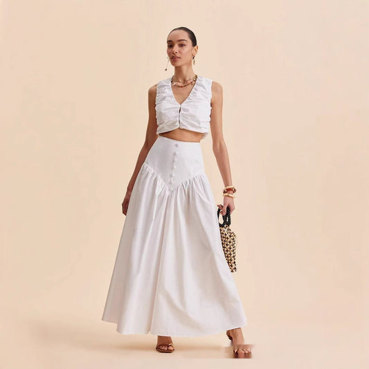 French White Stitching Clinch High-Waist Dress