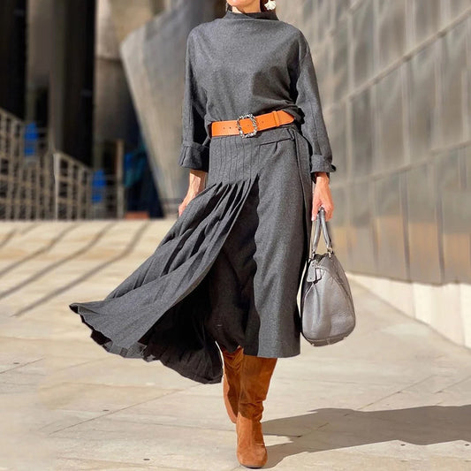 Irregular Long-Sleeve Loose Solid-Colour Dress