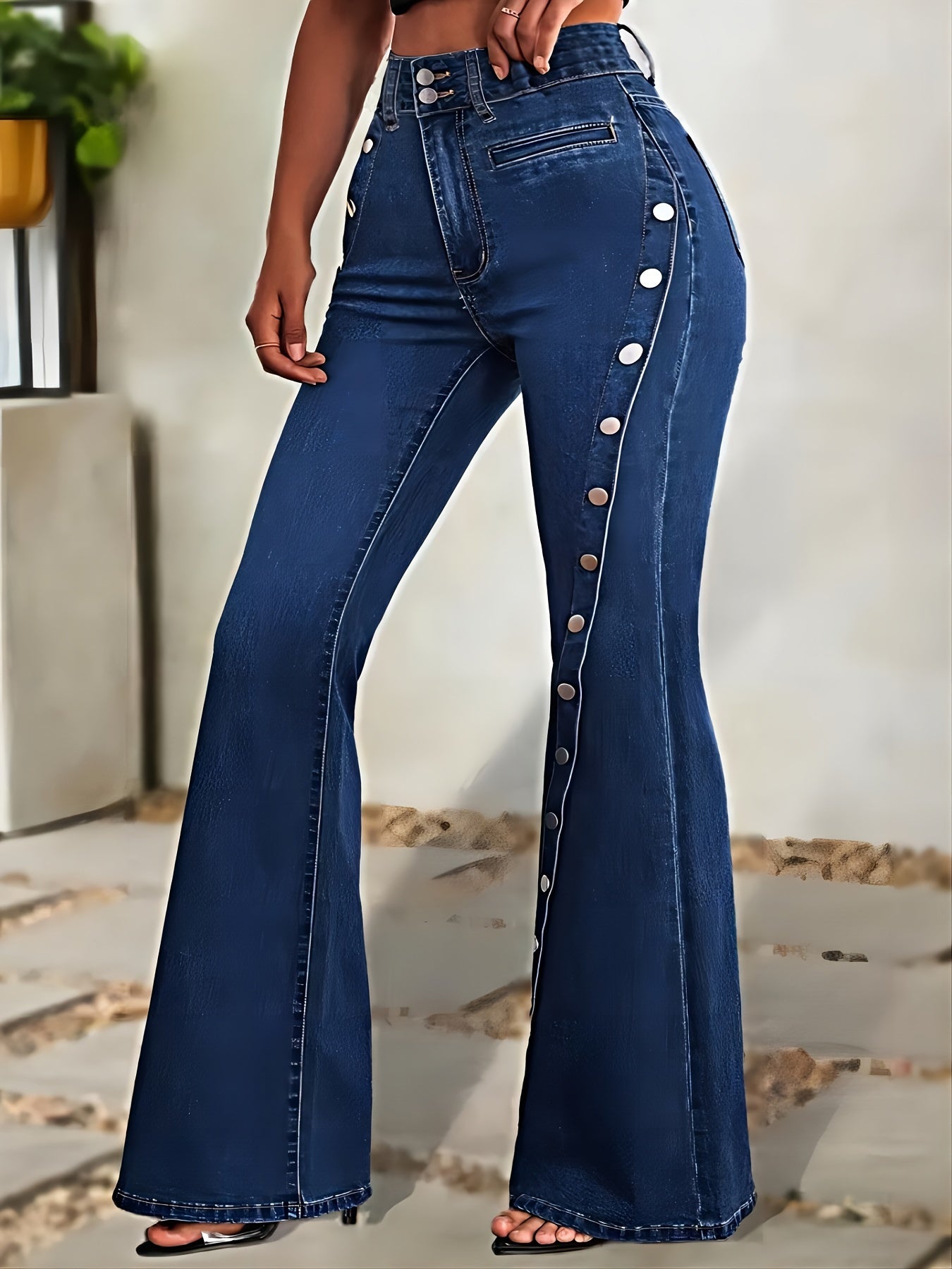 Buttons Decor Flare-Leg Stretchy Washed Denim Pants