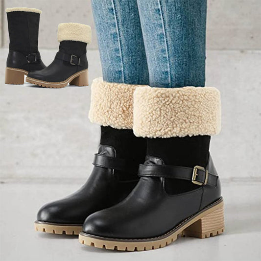 Fashion Round-Toe Boots With Buckle Chunky Heel