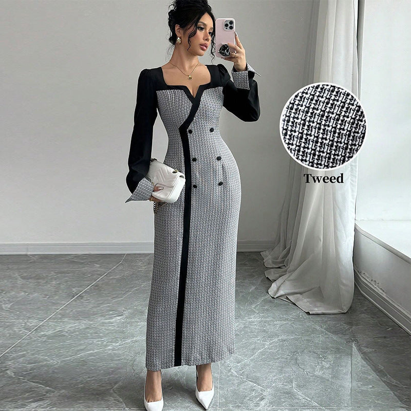 Square-Collar Double-Breasted Long Dress