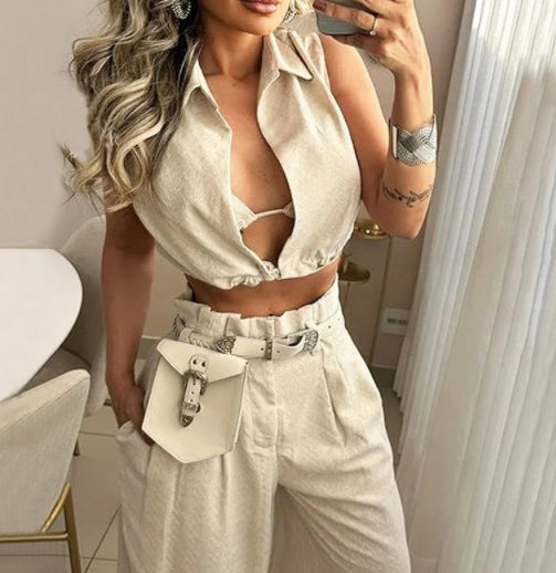 Lapel Solid-Colour Sleeveless Top Casual + Long Pants Set