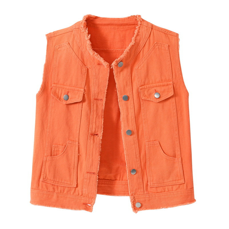 Candy-Colored Sleeveless Waistcoat With Raw Hem Womens Top