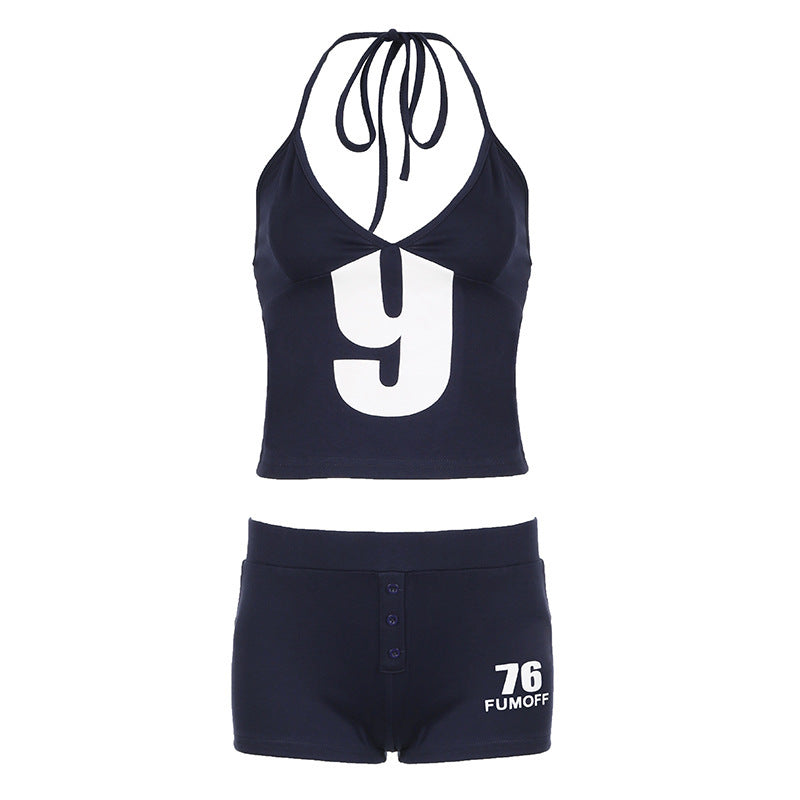 Fashionable Big Letter Print Slim-Fit Sports Tank Top And Shorts Two-Piece Set Cool Girl Outfit