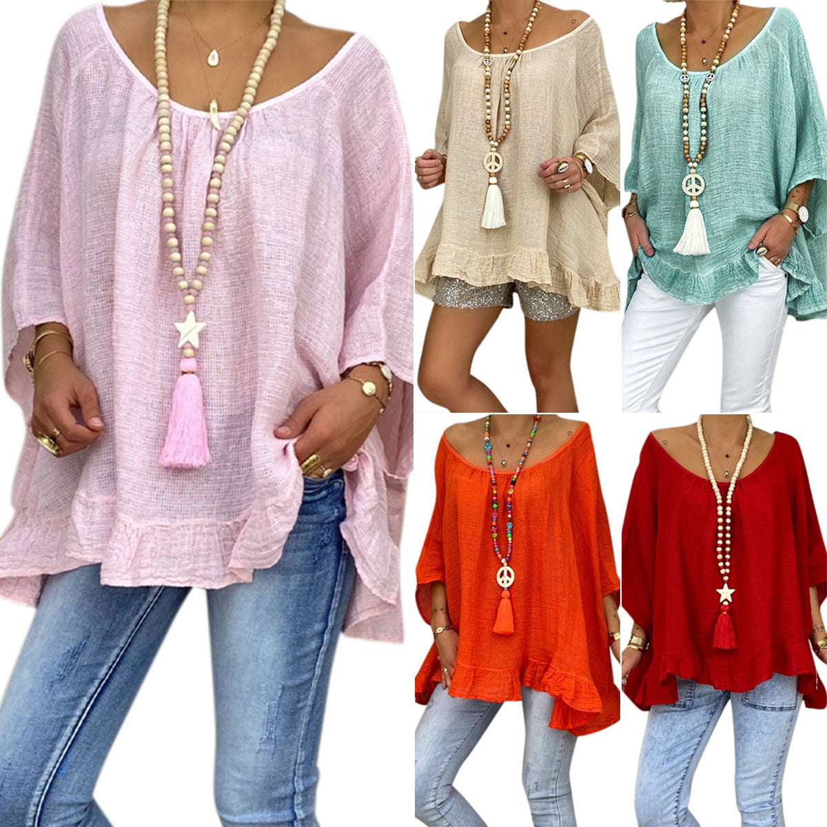 Round-Neck Ruffled Solid-Colour Loose Top