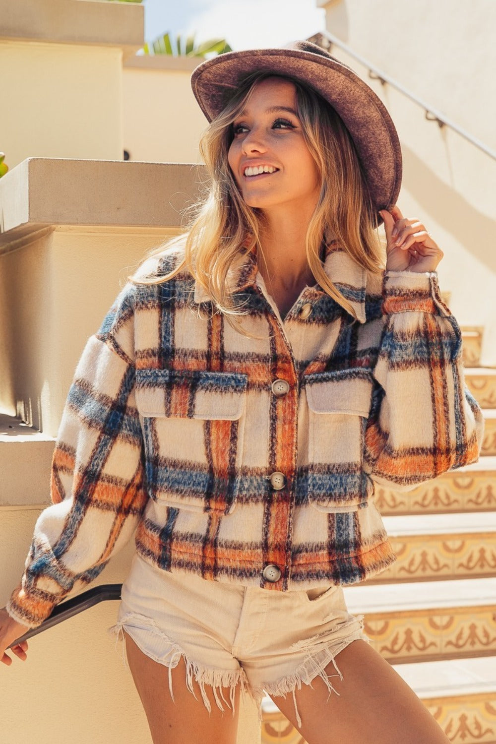 Brushed Plaid Crop Jacket With Pockets - US Only