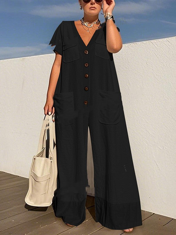 Elegant Single-Breasted Pocket Jumpsuit
