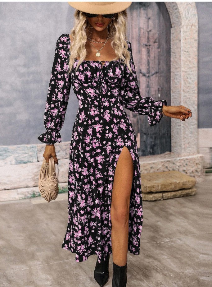 Women's Printing Long Sleeve Square-Neck Bottom Slit Dress
