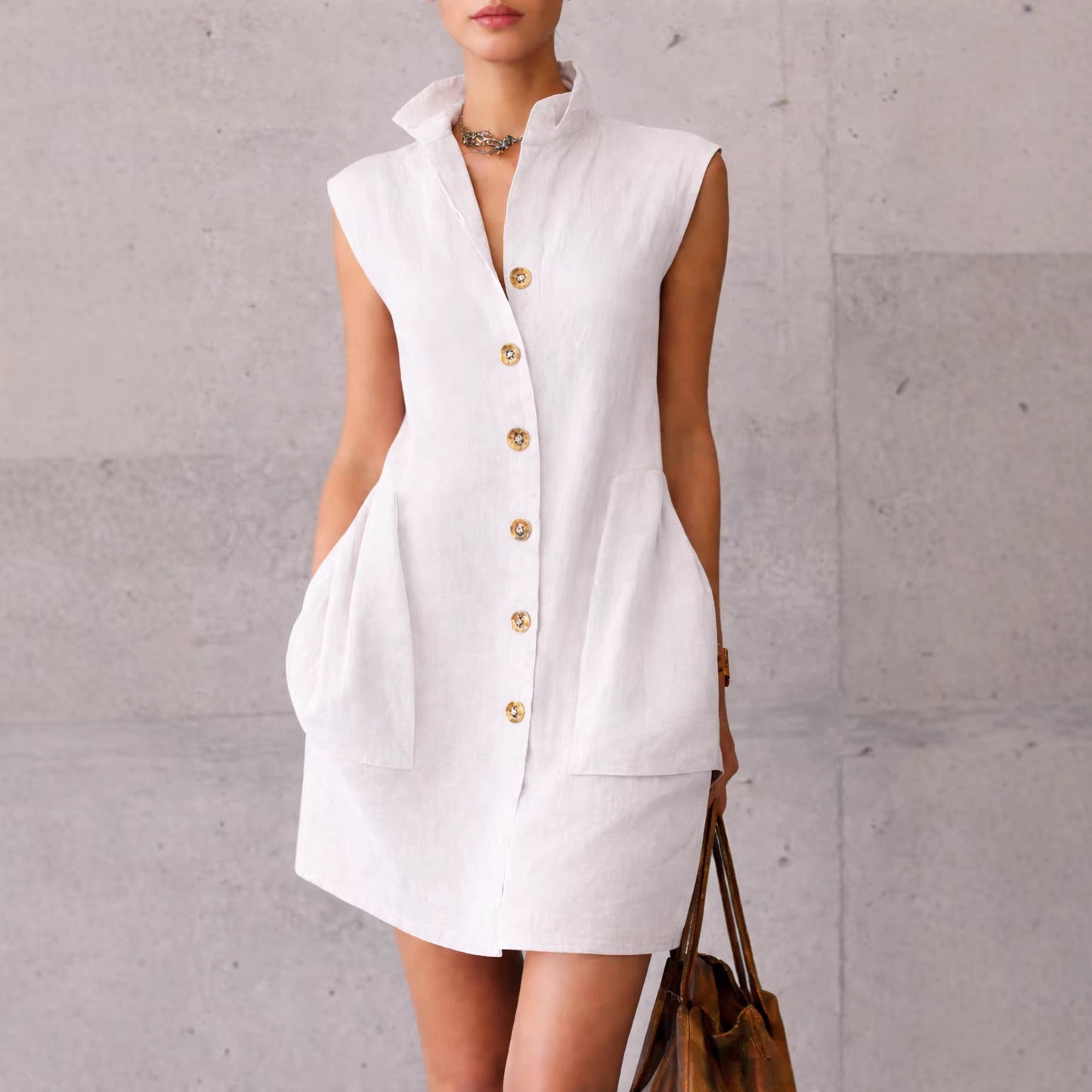 Slimming Sleeveless Stand-Collar Shirt Dress