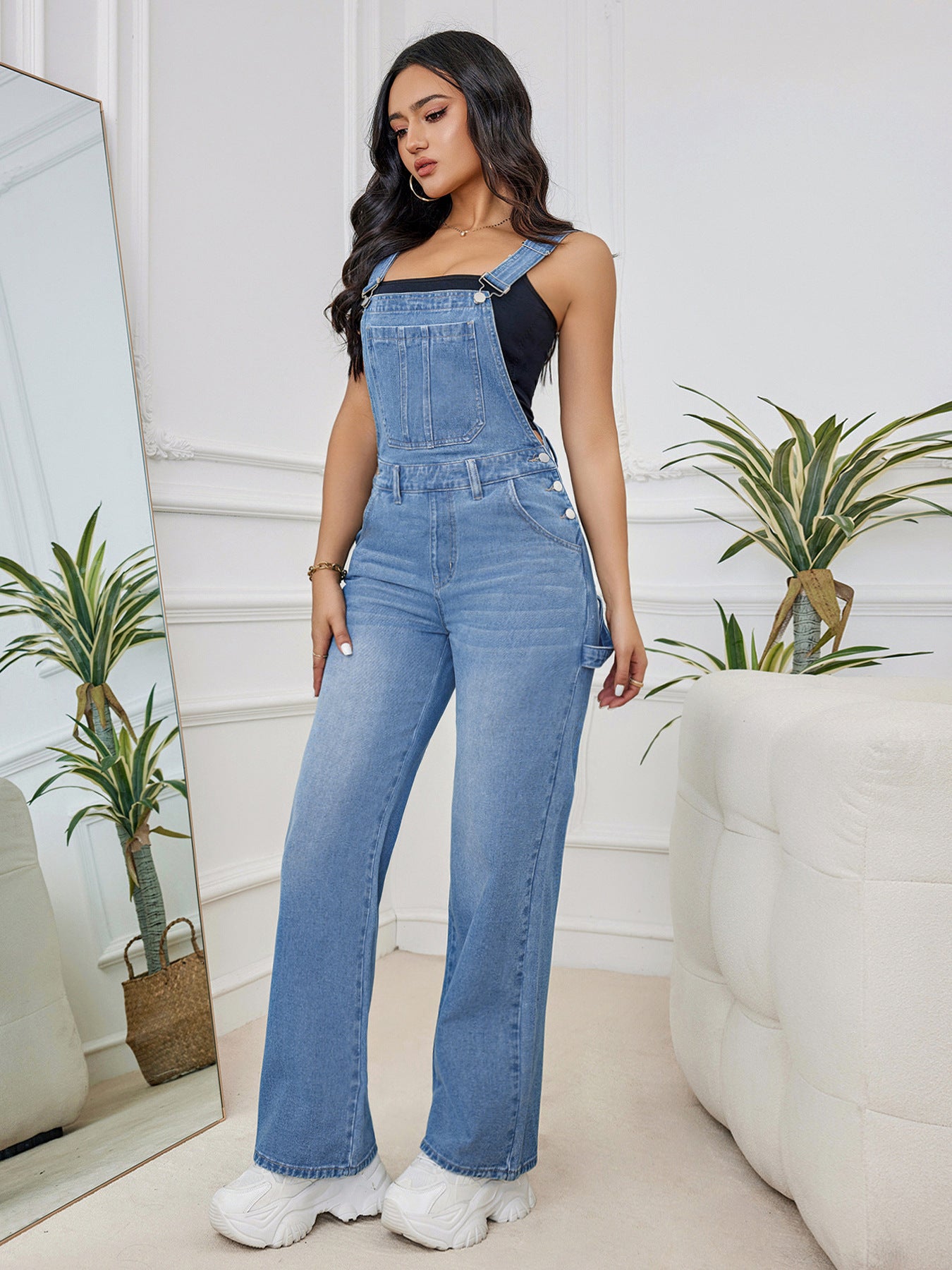 Washed Denim Suspender Pants Outfit