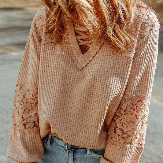 Lace Waffle Long-Sleeve Top