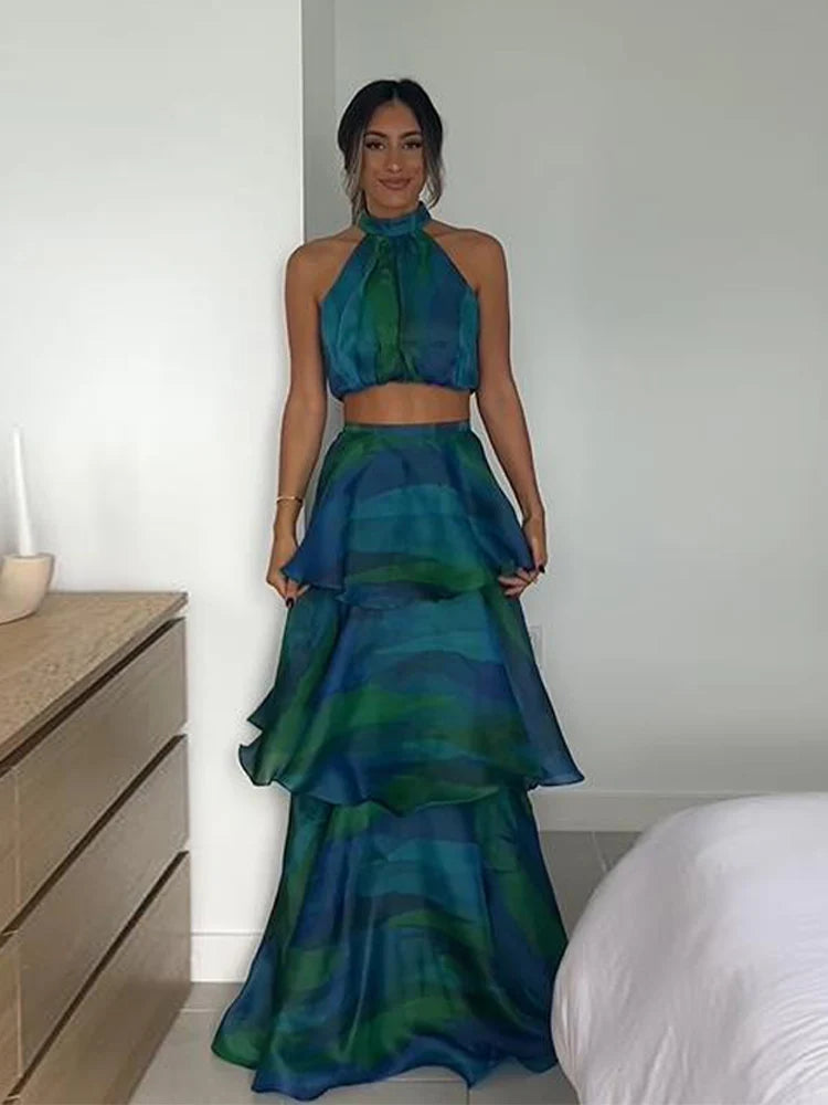 Printed Halter Top & Ruffles Skirt Outfit