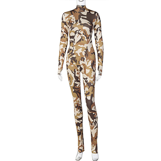 Camouflage Print Long Slim Sports Jumpsuit