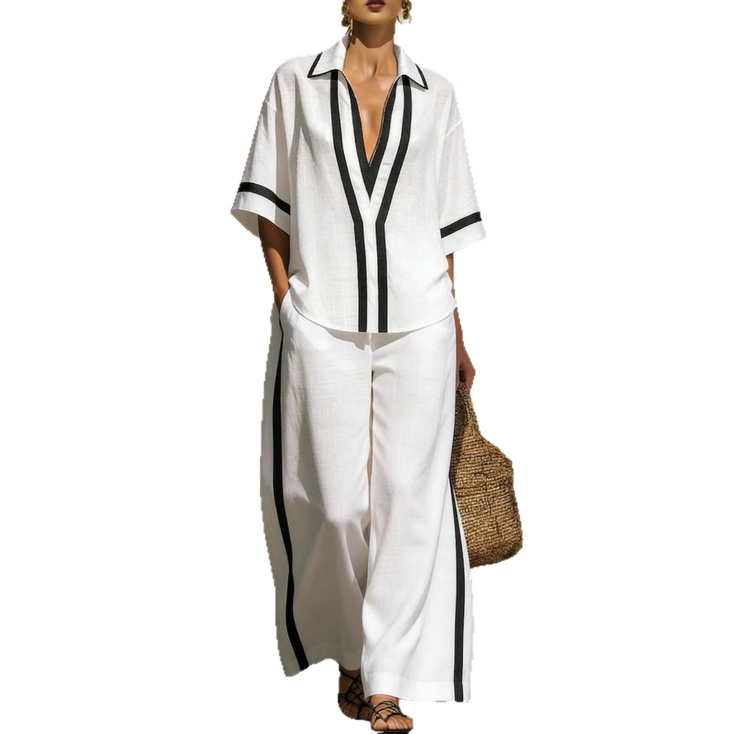 Fashionable Loose Casual Color-Block Short-Sleeve Shirt And Wide-Leg Pants Two-Piece Set