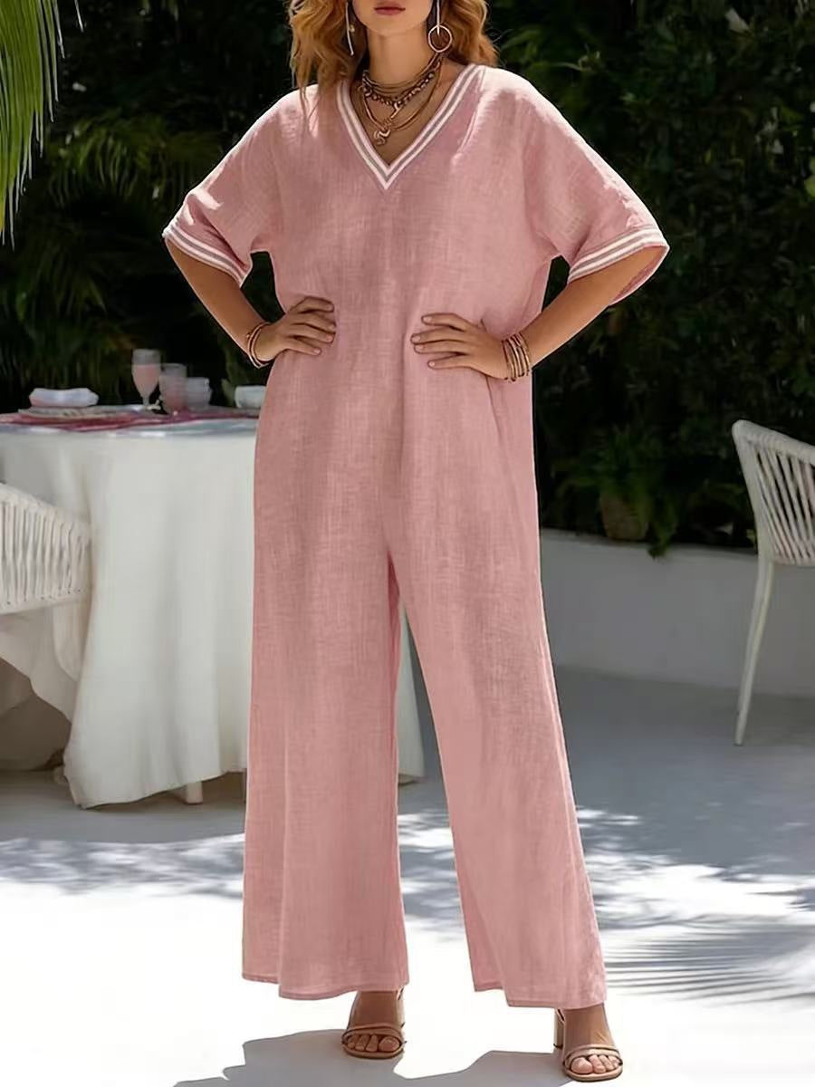 Womens Fashionable Casual Solid-Color Wide-Leg Jumpsuit