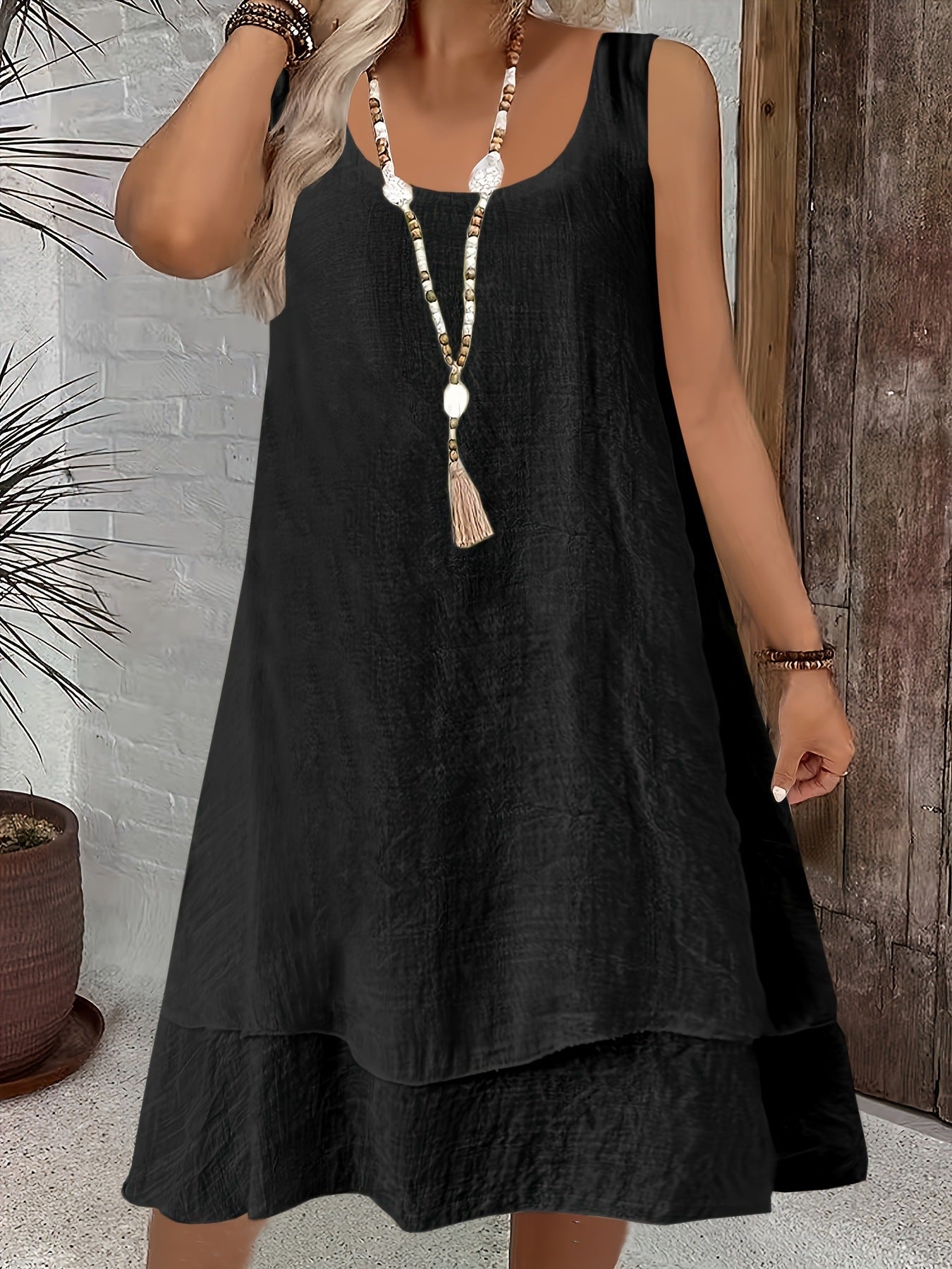 Womens Casual Loose-Fitting Stylish Elegant Sleeveless Solid-Color Crew-Neck Dress