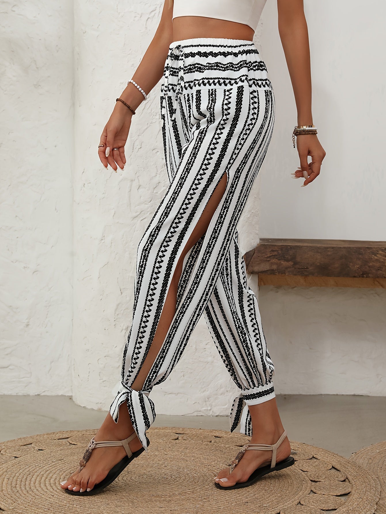 Striped High-Waist Side-Split Knot Trousers