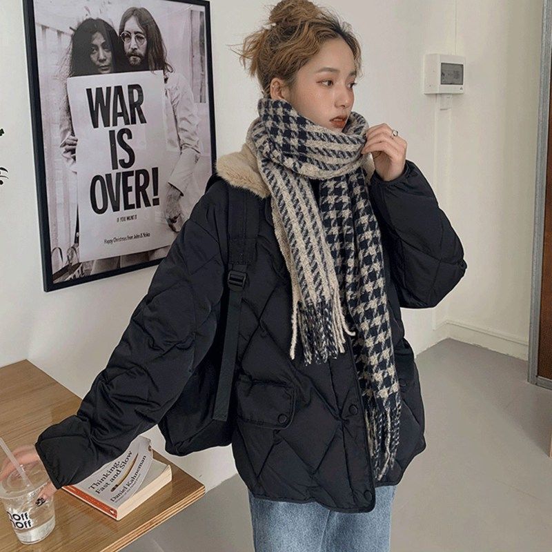 Loose Rhombus Bread Coat Stitching Fur Collar Warm Thickened Cotton-padded Jacket Coat For Women