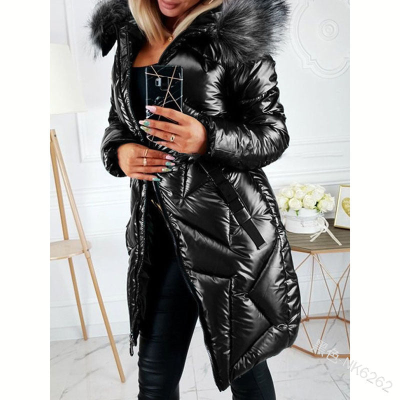 Glossy PU Big Fur Collar Jacket