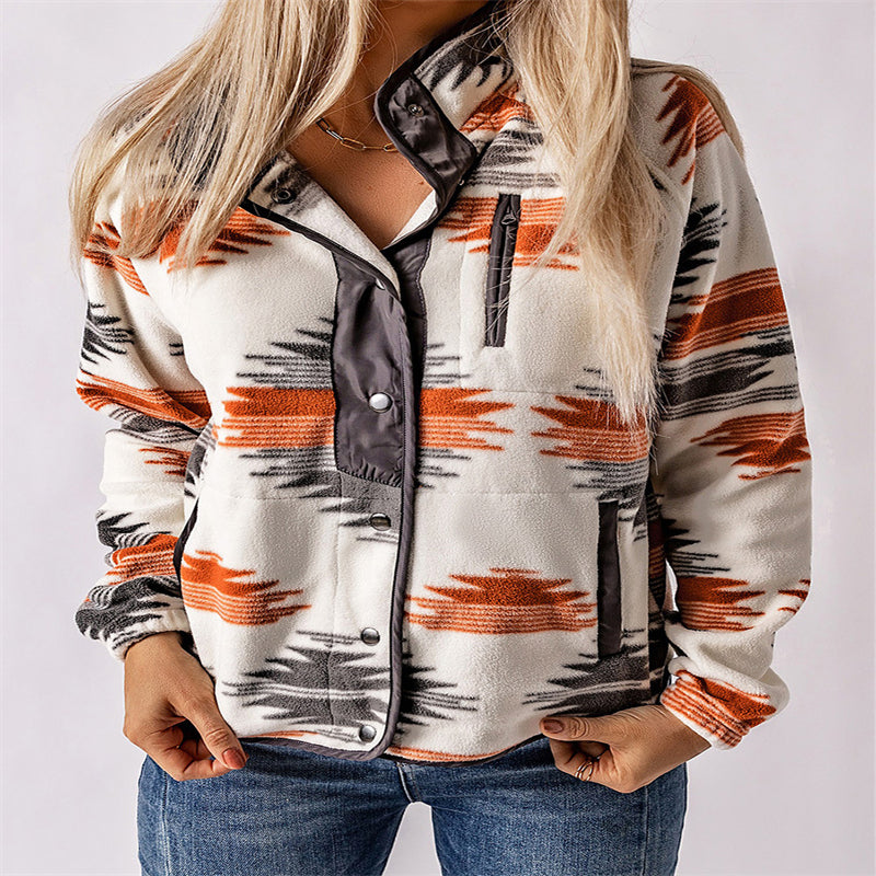 Women's  Colour-Contrast Printed Fleece Coat