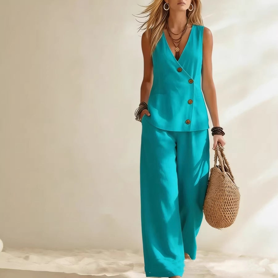 Button-Up Cardigan Vest & Pants Set