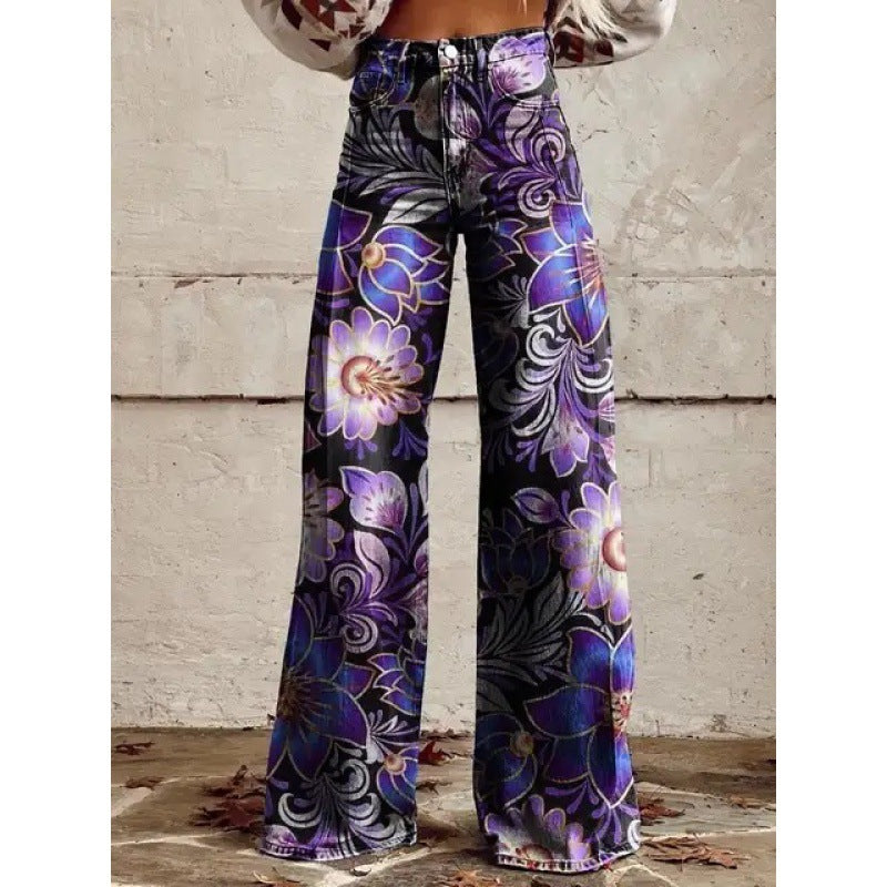 Printed High-Waist Loose Thin Imitation Denim Wide-Leg Pants