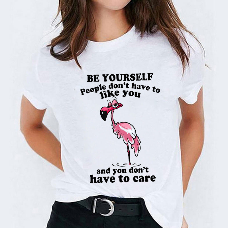 Cat Flamingo Round-Neck Print Short-Sleeve T-Shirt Short For Women