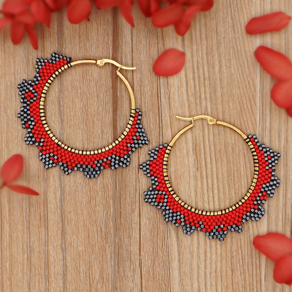 Handmade Woven Beaded Hoop Earrings