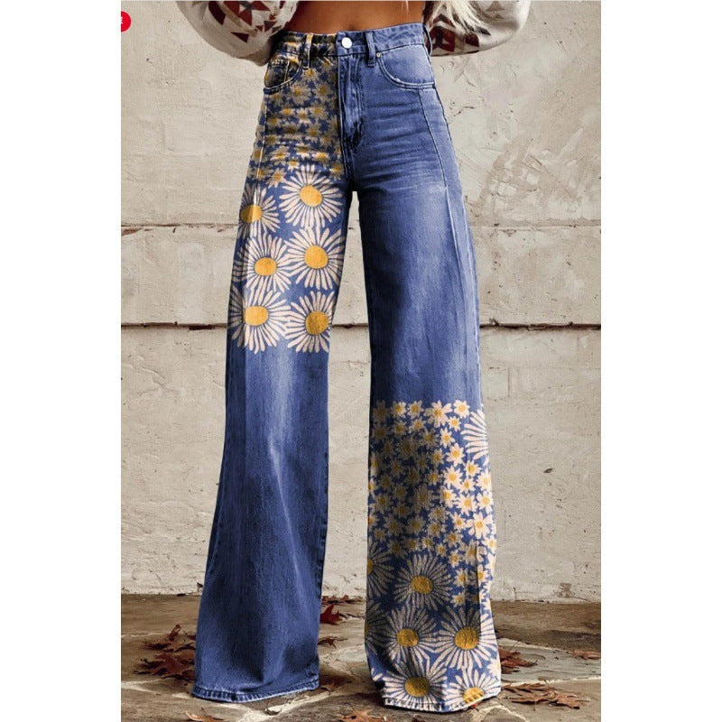 Printed High-Waist Loose Thin Imitation Denim Wide-Leg Pants