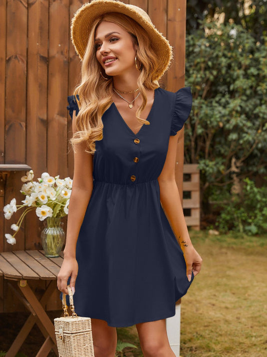 Ruffled V-Neck Cap Sleeve Mini Dress - US Only