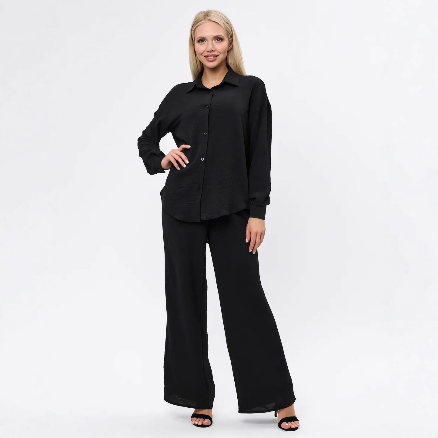 New French-style Casual Relaxed Chic Two-piece Loungewear Set Loose Commuter Shirt And Pants Suit For Women