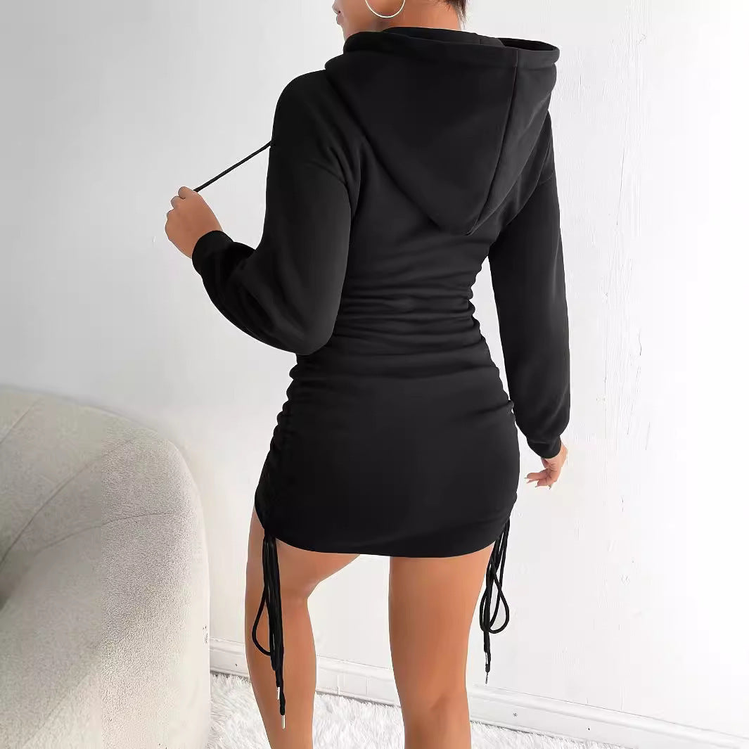 Side-Drawstring Pleated Hooded Sweater Dress