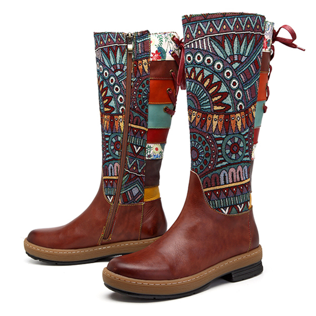 Vintage Mid-Calf Bohemian Retro Genuine Leather Printed Boots