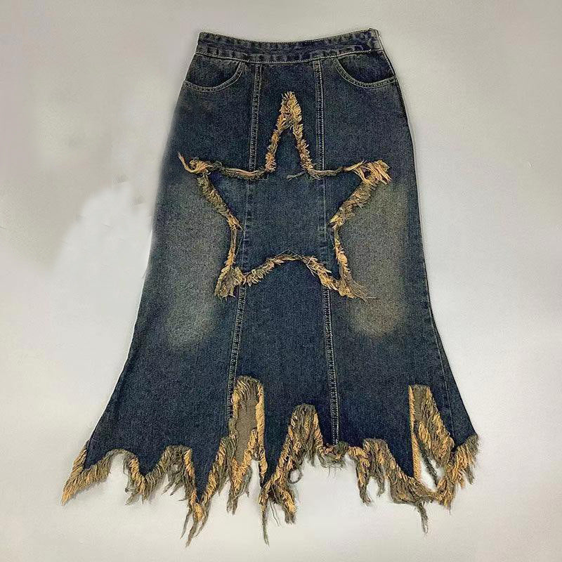 Retro High-Waist Irregular Denim Skirt