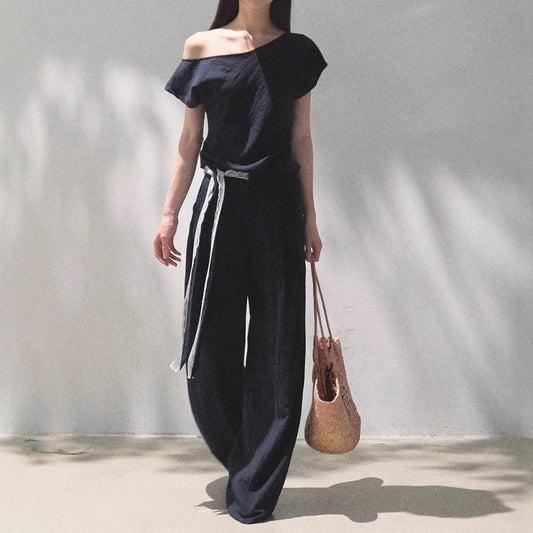 Linen Off-shoulder Short-sleeve Shirt Casual Set