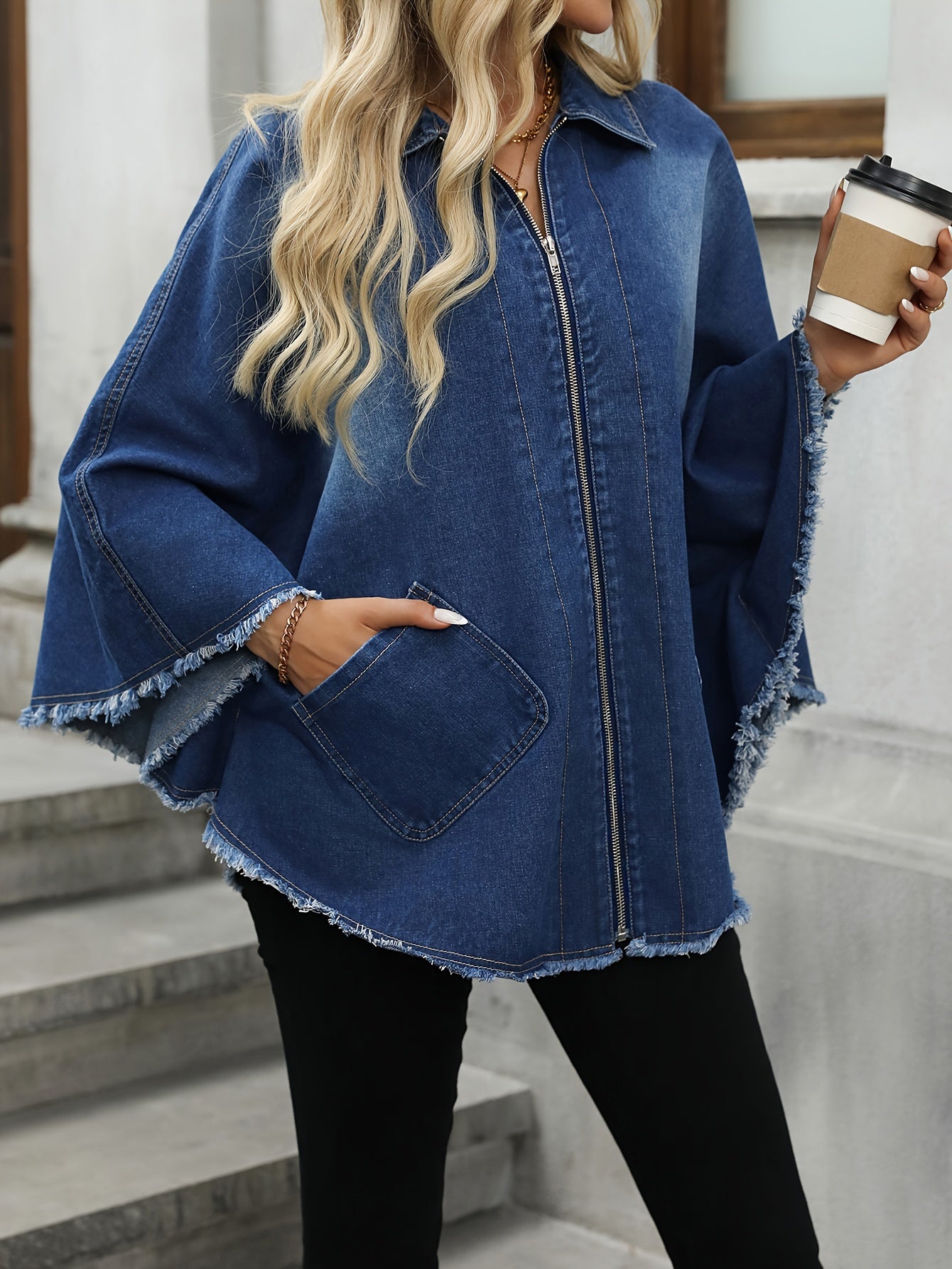 Raw-Hem Loose-Fit Zipper Batwing-Sleeve Oversize Elegant Denim Jacket