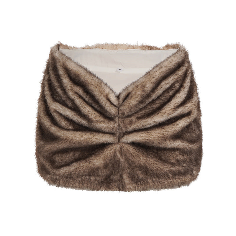 Street Hipster Side Pleated Low Waist Hot Girl Fur Sheath Skirt