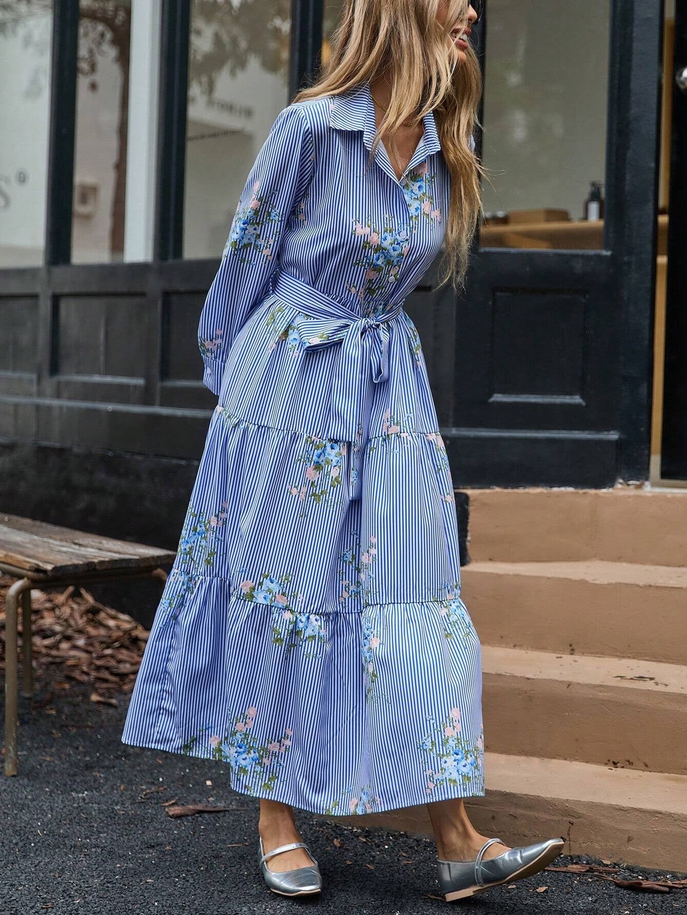 Flower Striped Printed Long Sleeved Shirt Dress