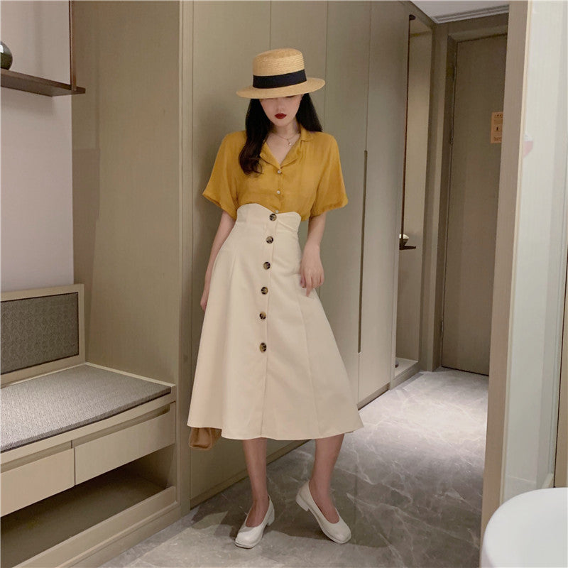 V-neck single-breasted retro umbrella skirt