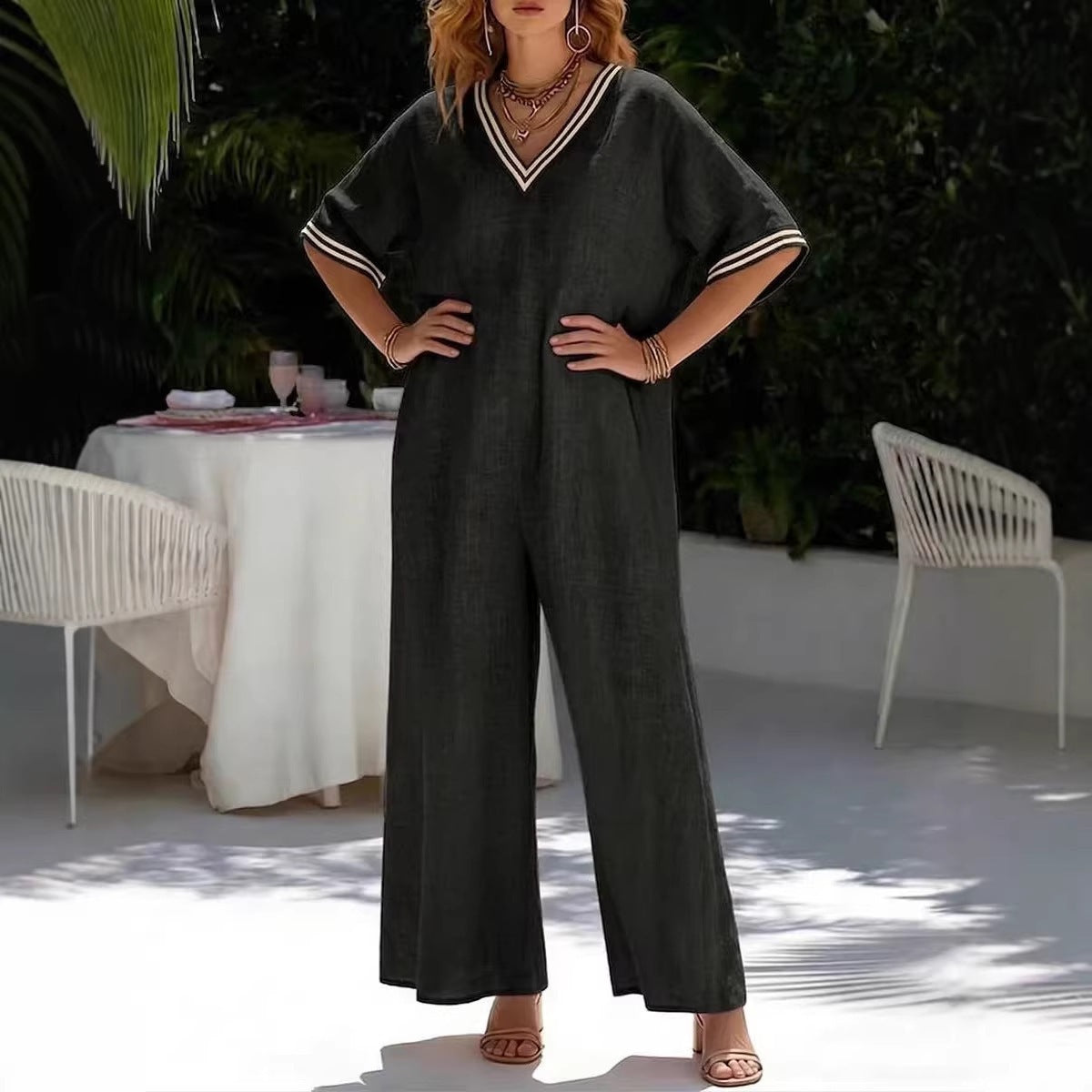Womens Fashionable Casual Solid-Color Wide-Leg Jumpsuit