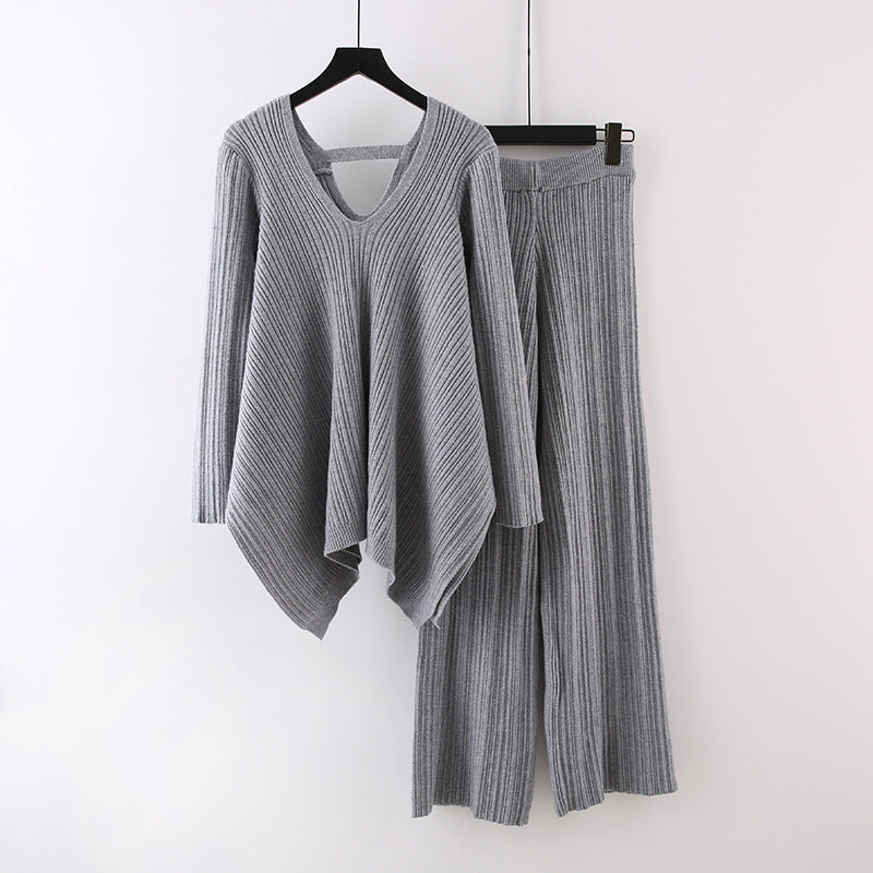 Pleated Knitted Irregular V-Neck Top-Wide-Leg Pants Sweater Suit