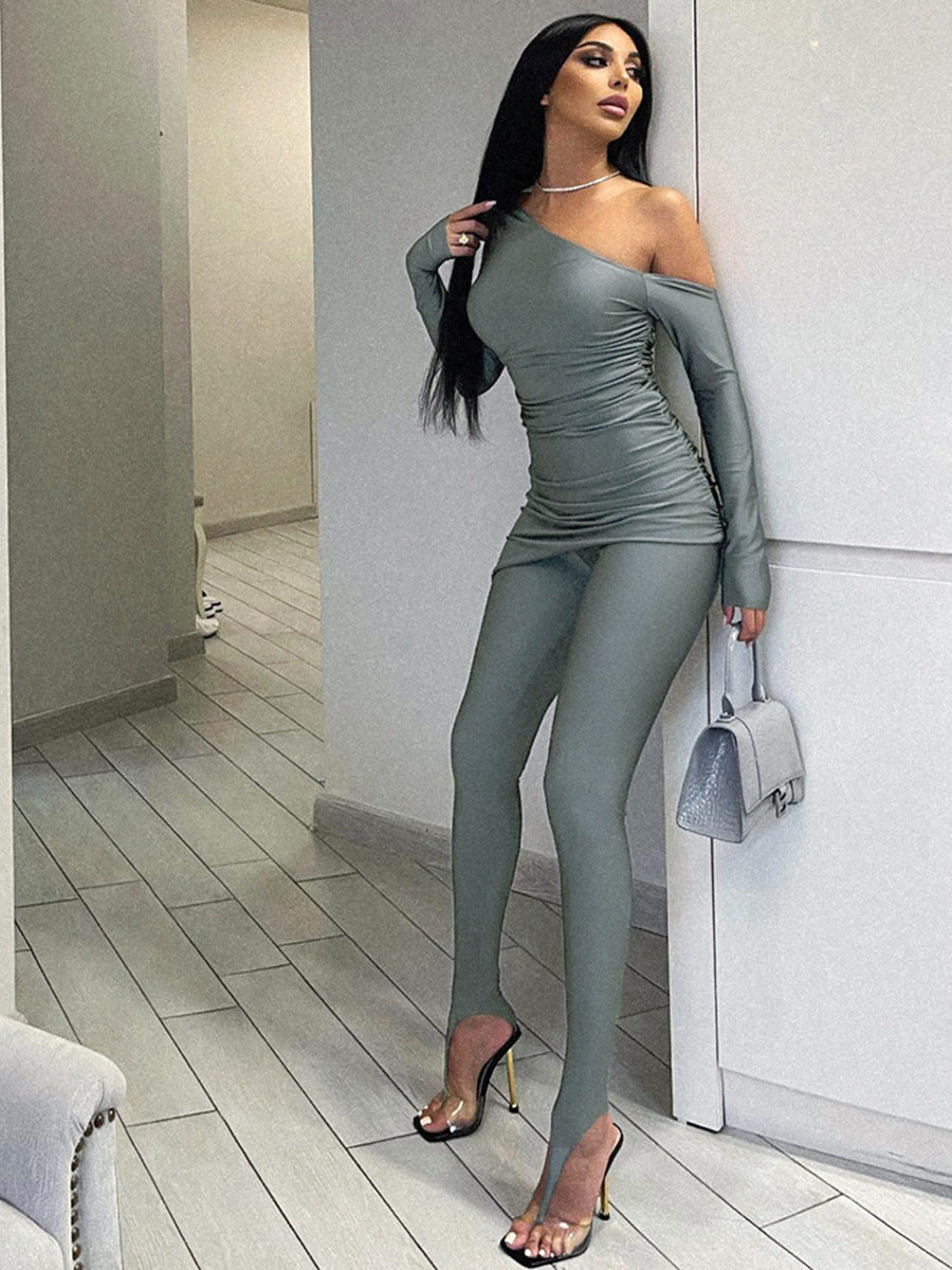 Cold-Shoulder Long-Sleeve Solid-Colour Top + Tight Trousers Casual Suit For Women