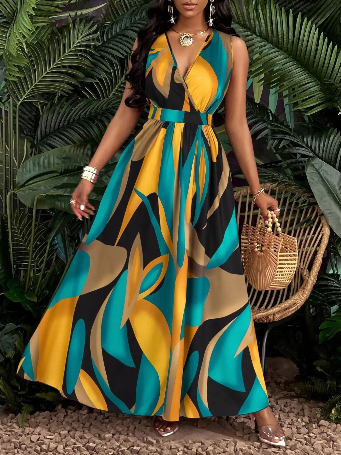 Tropical Printing V-neck Waist Twist Knitted Slim Fit Flare Skirt