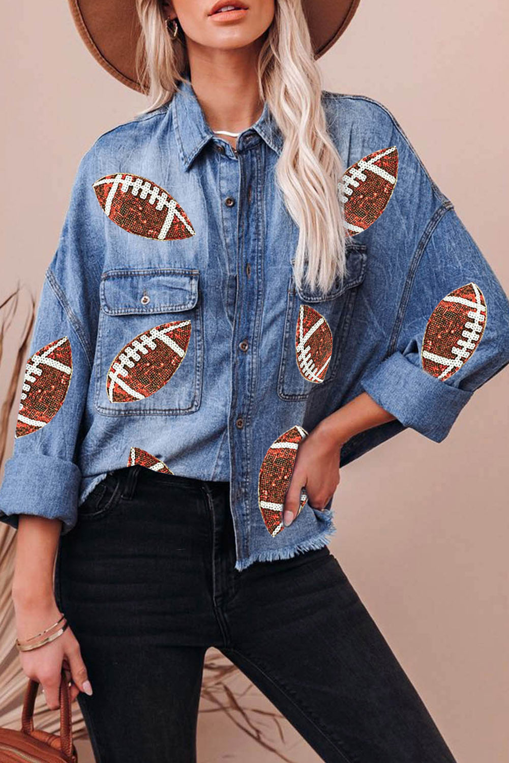 Sky-Blue Sequin Rugby Graphic Flap-Pockets Raw-Hem Denim Jacket