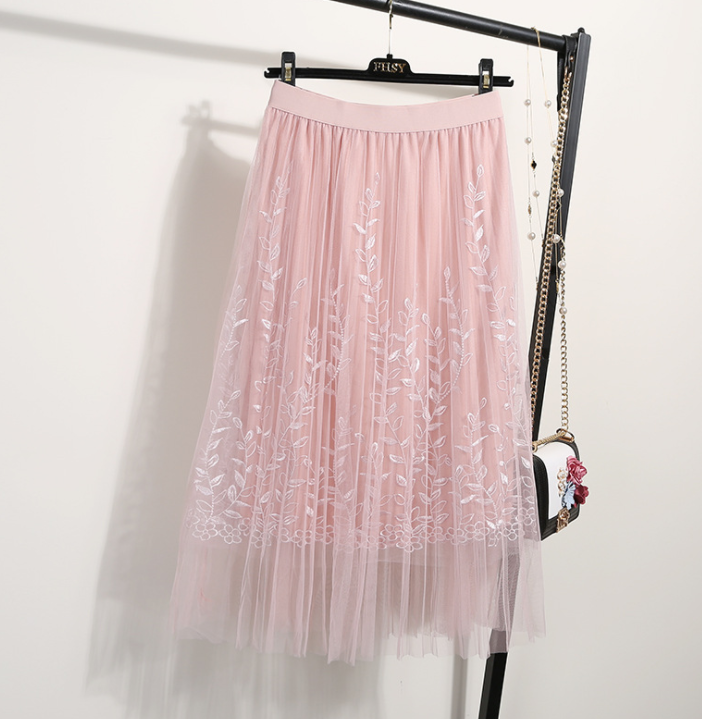 Floral Embroidery A-Line Mesh Midi Skirt