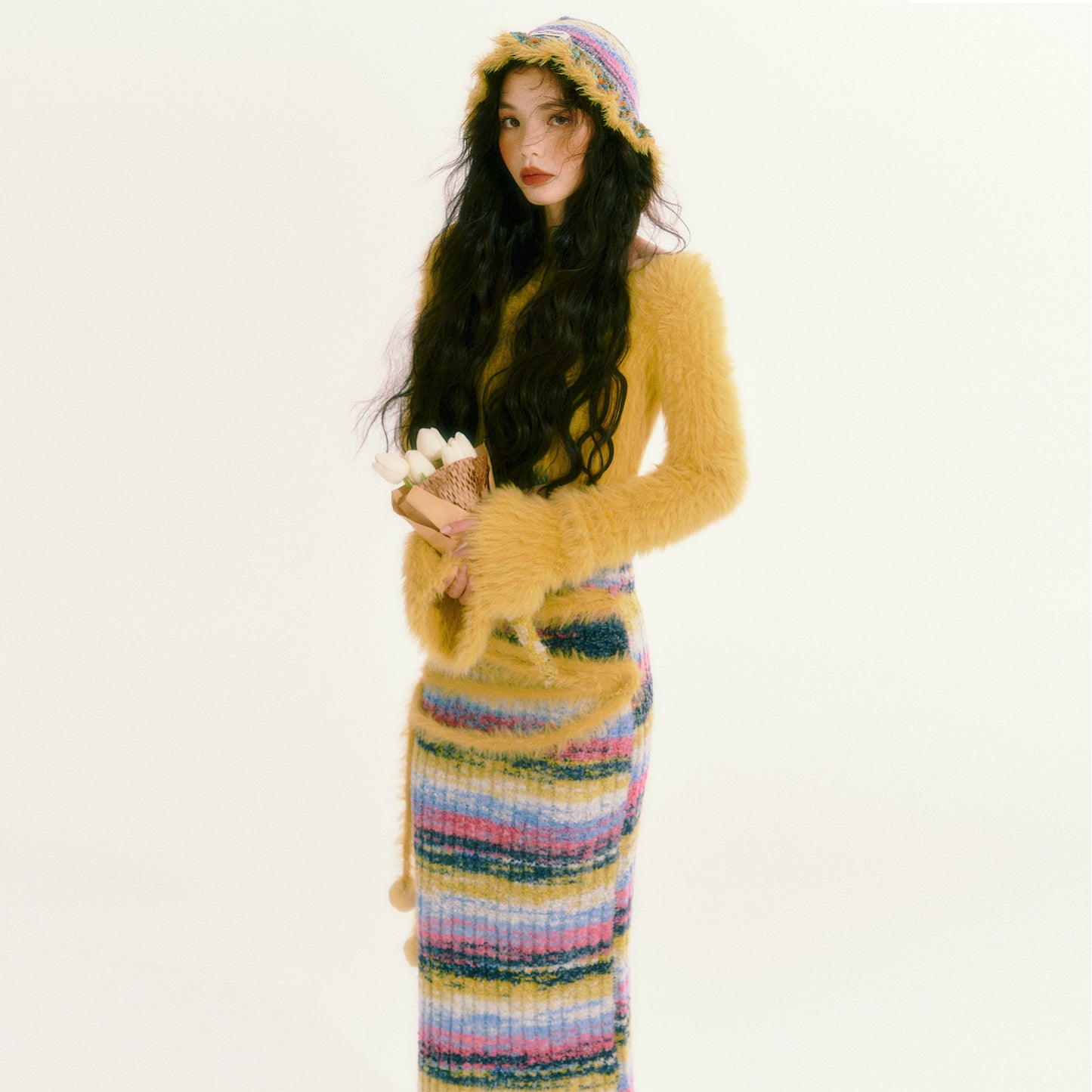 Retro Lazy Plush Knitted Long Skirt Slim Fit Set