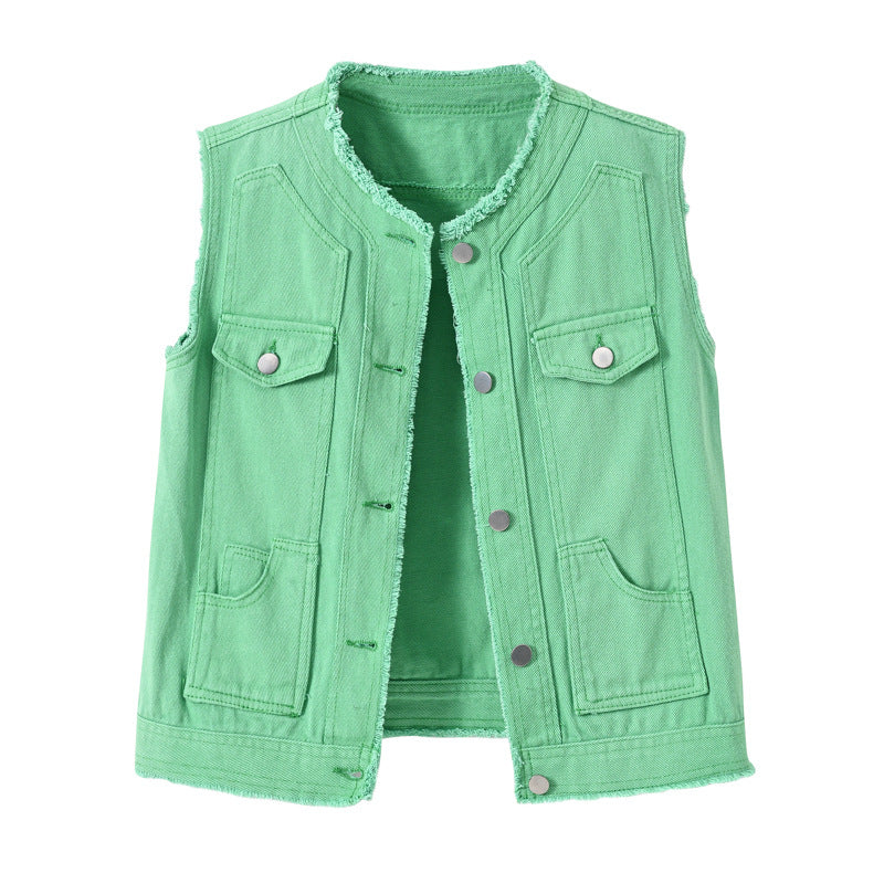 Candy-Colored Sleeveless Waistcoat With Raw Hem Womens Top