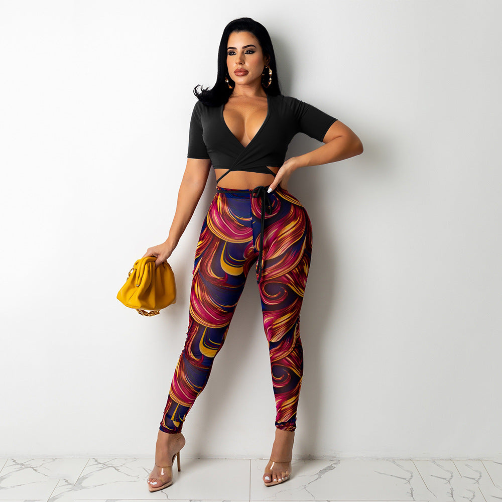 Sexy Mesh Printed Trousers Women Two-Piece Suit