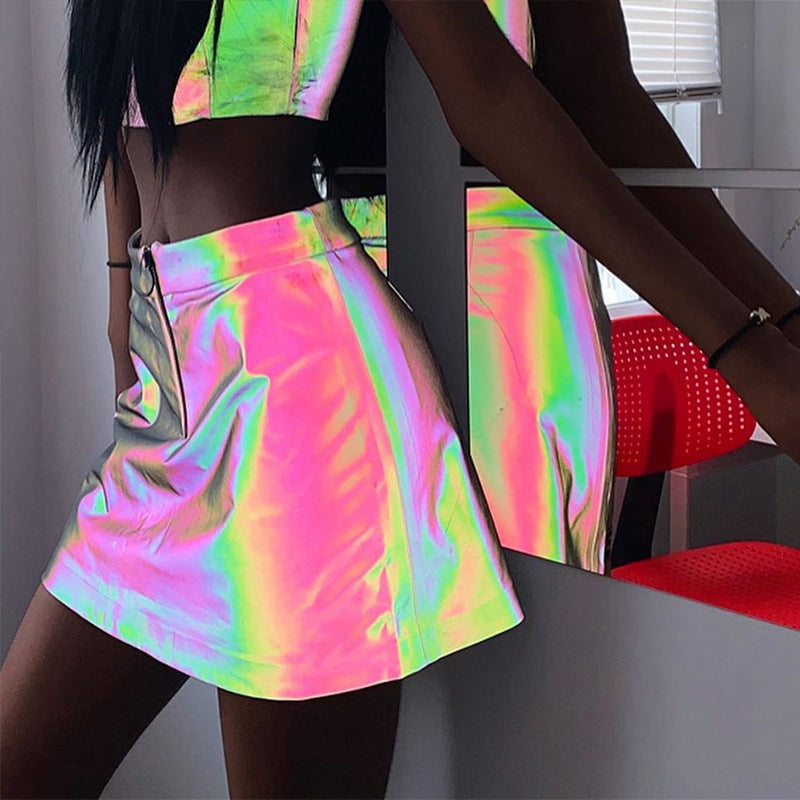 Reflective High-Waist Short A-Line Sun Skirt